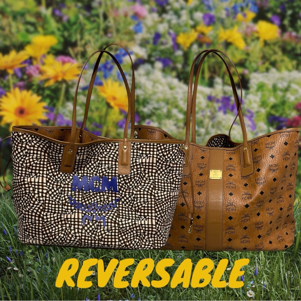 MCM XL Signature Logo Brown and Black Reversible Tote Bag with Abstract Print